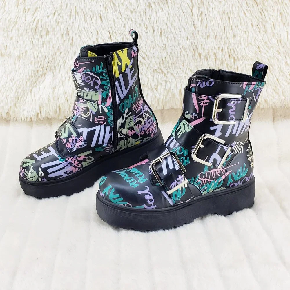 Graffiti Print Platform Combat Festival Ankle Boot